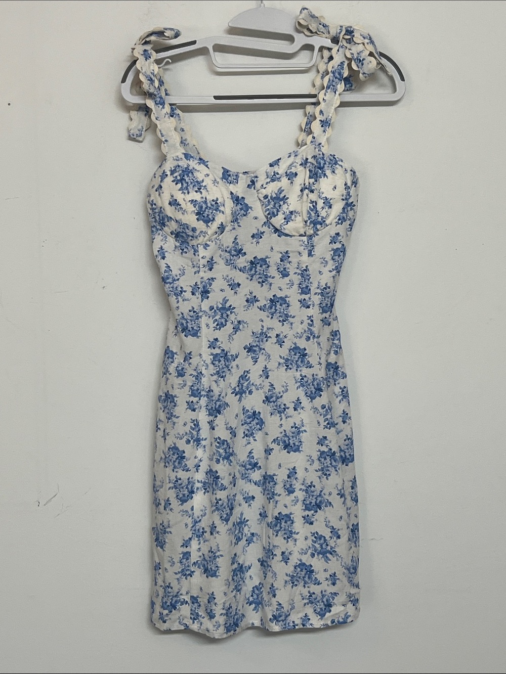 🌞 As U Wish White Mini Dress w/Blue Floral Print shoulder straps women size S